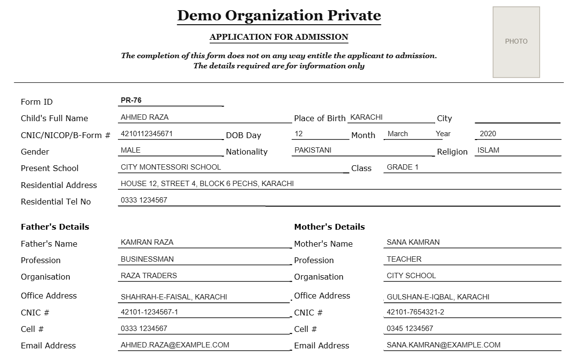 Printed admission application form produced by LedgerDot