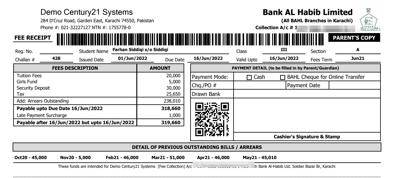 Printed fee challan produced by LedgerDot