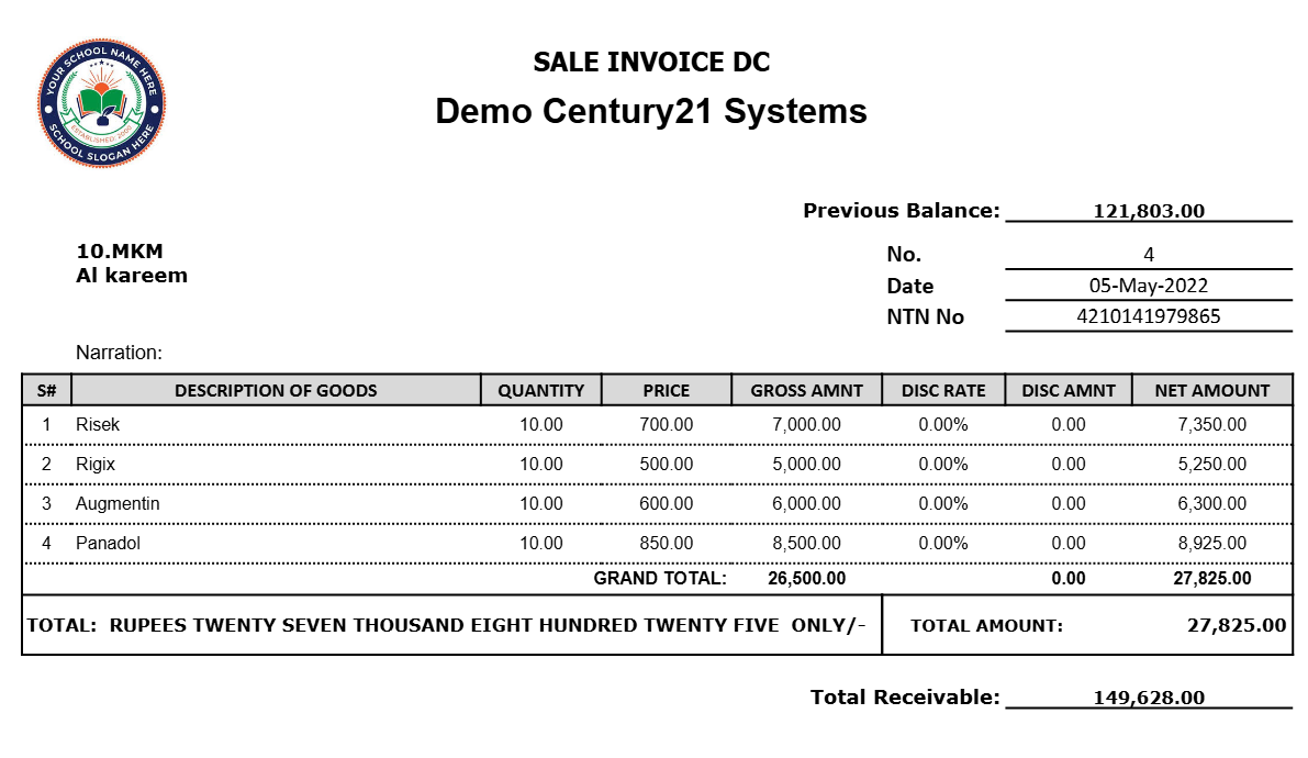 Printed sale invoice produced by LedgerDot