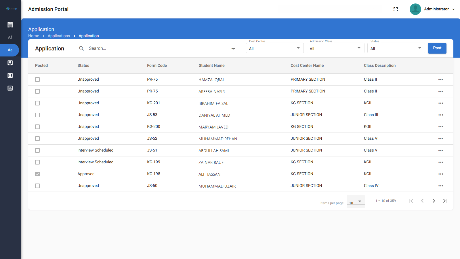 Back-office applicants list with statuses and bulk posting