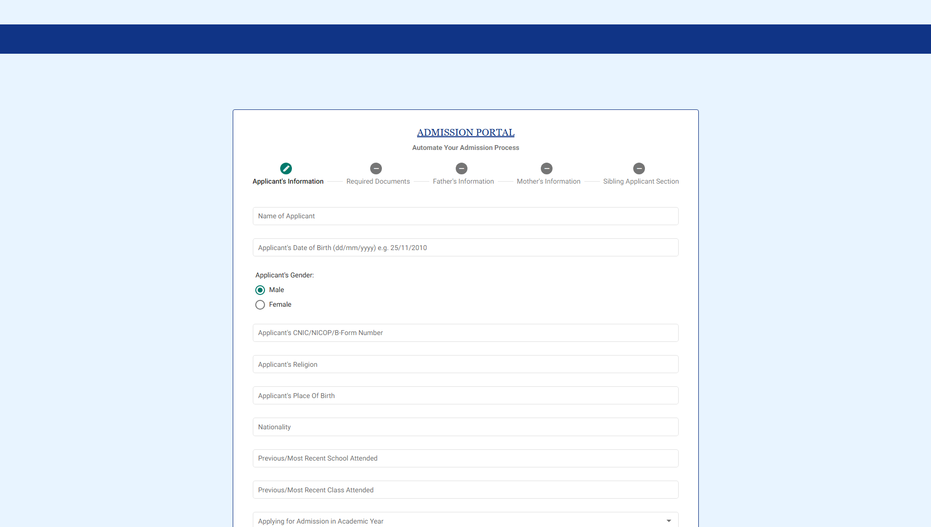 LedgerDot Admissions Portal online application form with multi-step progress bar