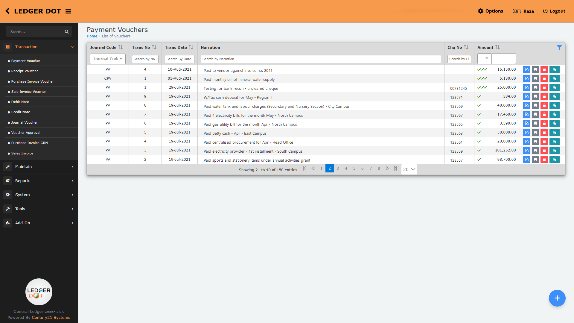 General Ledger voucher entry screen