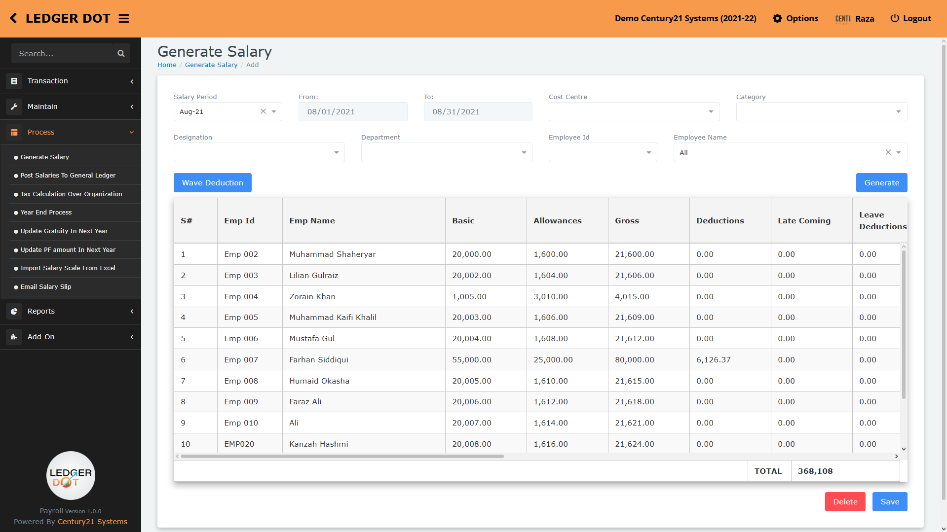 Generate Salary screen with the whole organisation's salary register