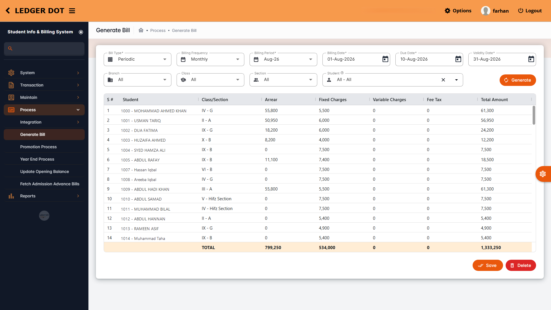 Generate Bill screen preparing a month's fee challans for every student in one run